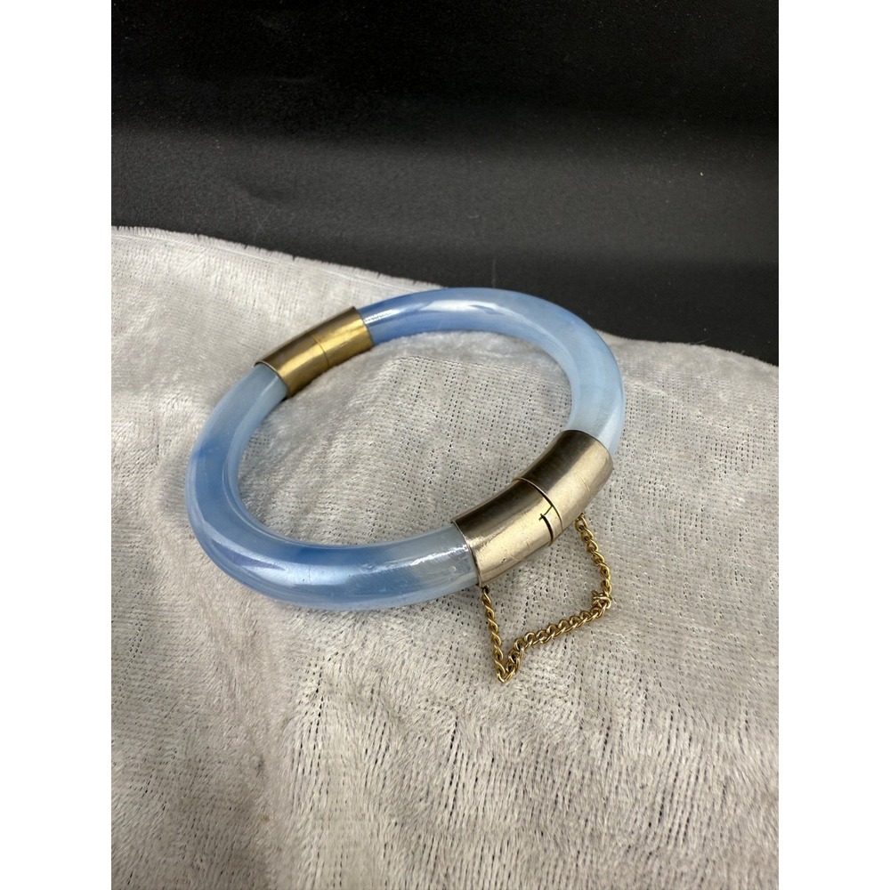 Vintage Bangle Bracelet  Translucent Blue Marbled Glass 7" Read‎